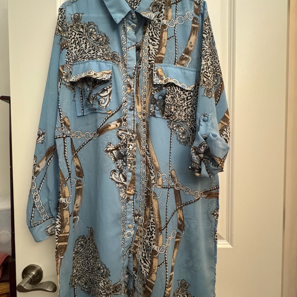 Blue and Brown Patterned Shirt Dress
